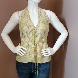 GAP yellow-green floral silk halter top size L